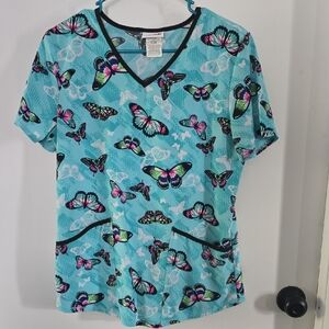 Scrubstar Women's Top with Butterfly Print - Blue and Pink